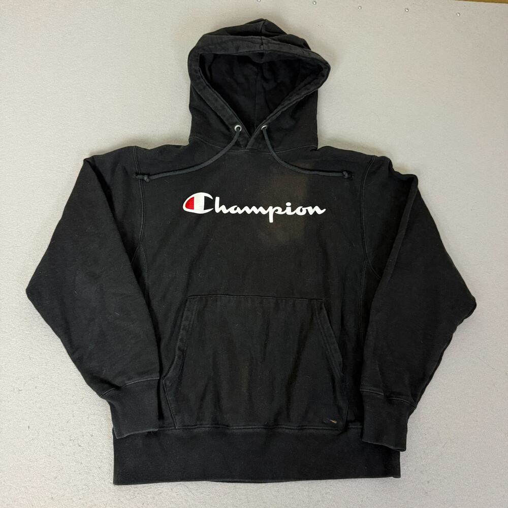 Champion Reverse Weave Black Pullover Hoodie Spell Out Logo Men’s Medium